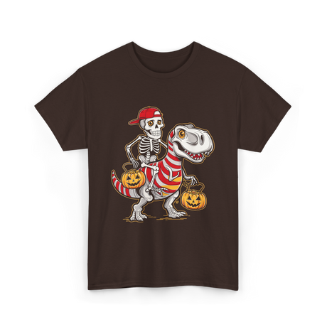 Skeleton Riding Dinosaur Halloween T-Shirt - Dark Chocolate