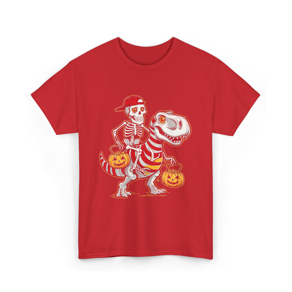 Skeleton Riding Dinosaur Halloween T-Shirt - Red