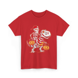 Skeleton Riding Dinosaur Halloween T-Shirt - Red