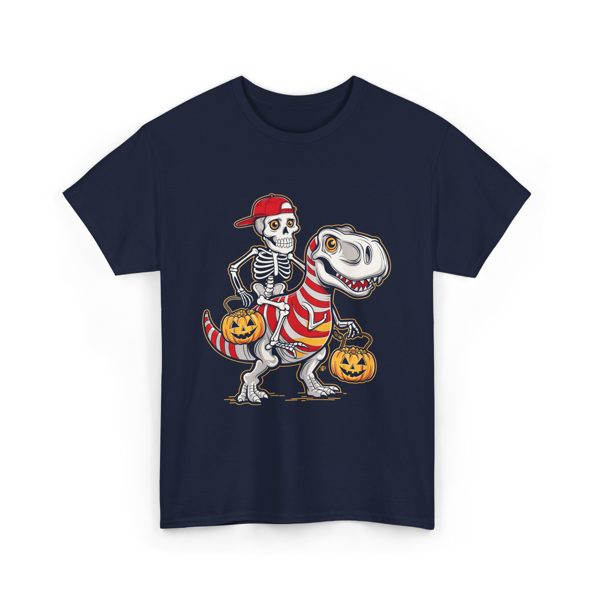 Skeleton Riding Dinosaur Halloween T-Shirt - Navy