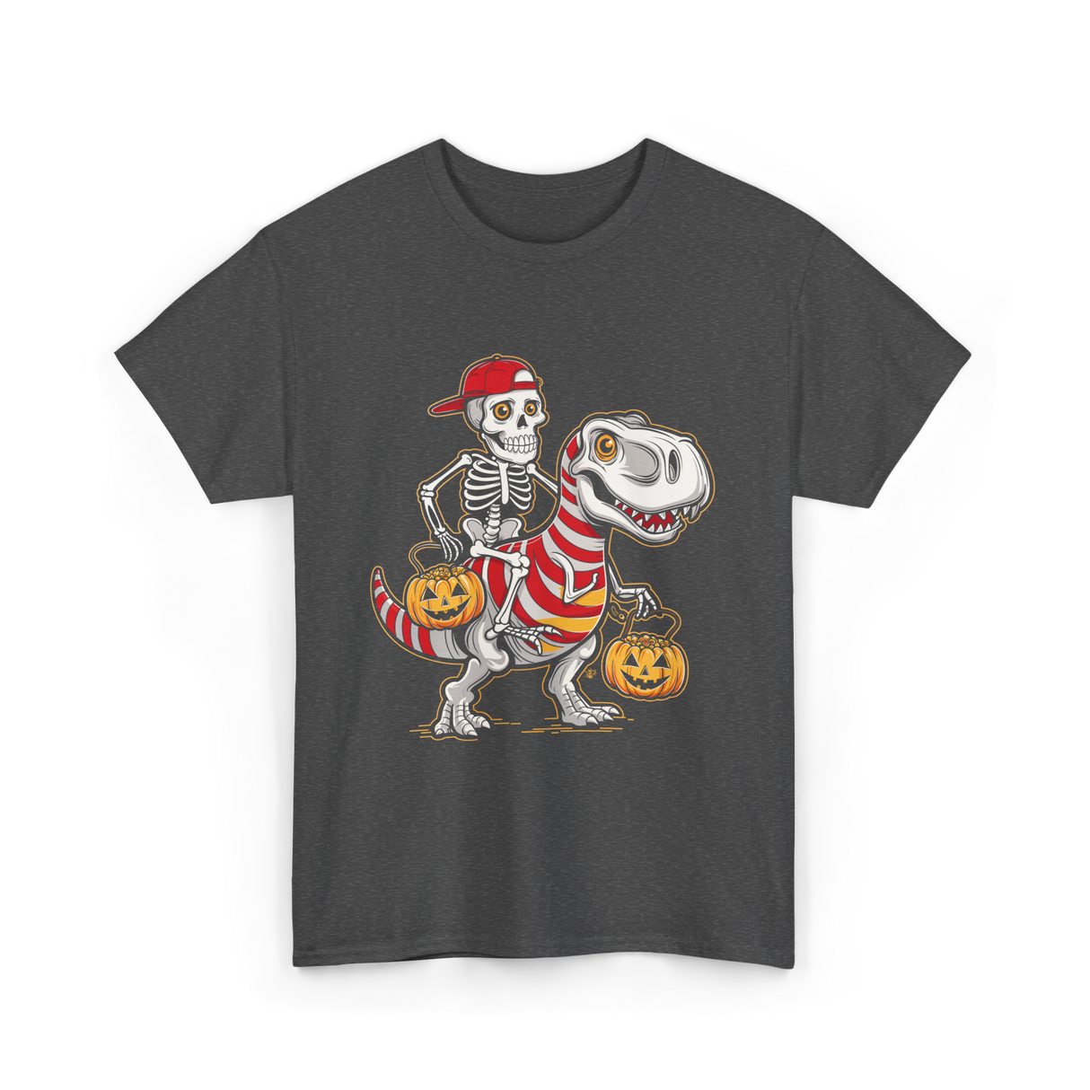 Skeleton Riding Dinosaur Halloween T-Shirt - Dark Heather