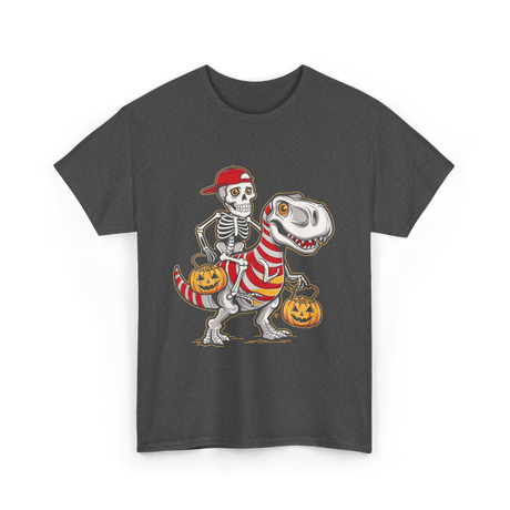 Skeleton Riding Dinosaur Halloween T-Shirt - Dark Heather