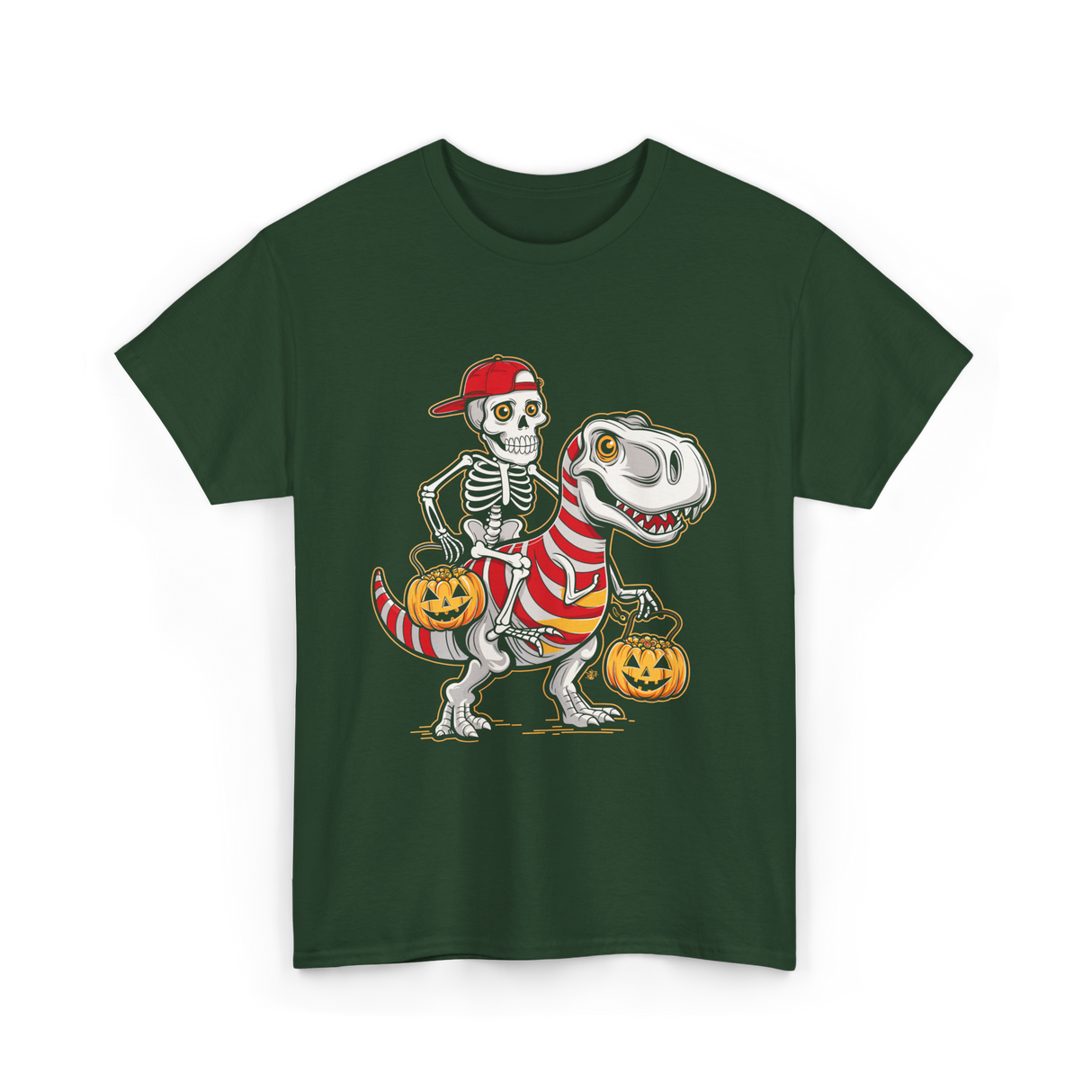 Skeleton Riding Dinosaur Halloween T-Shirt - Forest Green