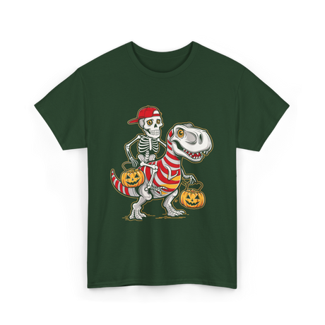 Skeleton Riding Dinosaur Halloween T-Shirt - Forest Green