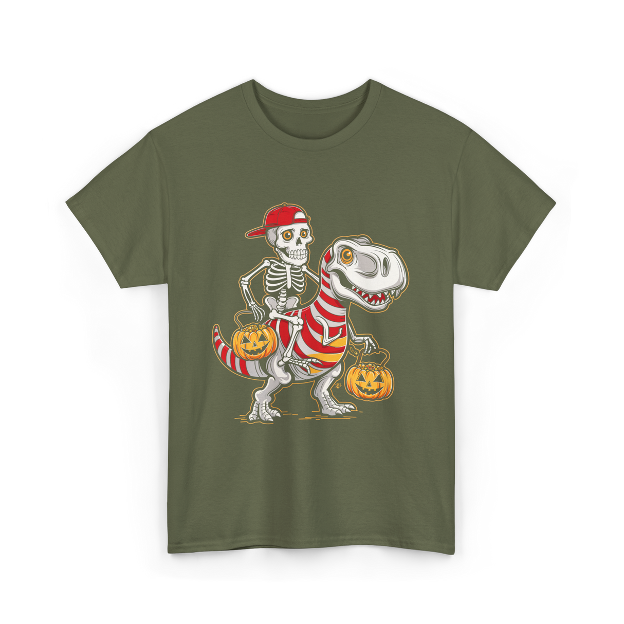 Skeleton Riding Dinosaur Halloween T-Shirt - Military Green