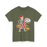 Skeleton Riding Dinosaur Halloween T-Shirt - Military Green