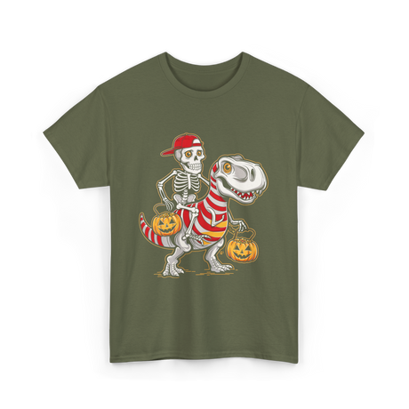 Skeleton Riding Dinosaur Halloween T-Shirt - Military Green