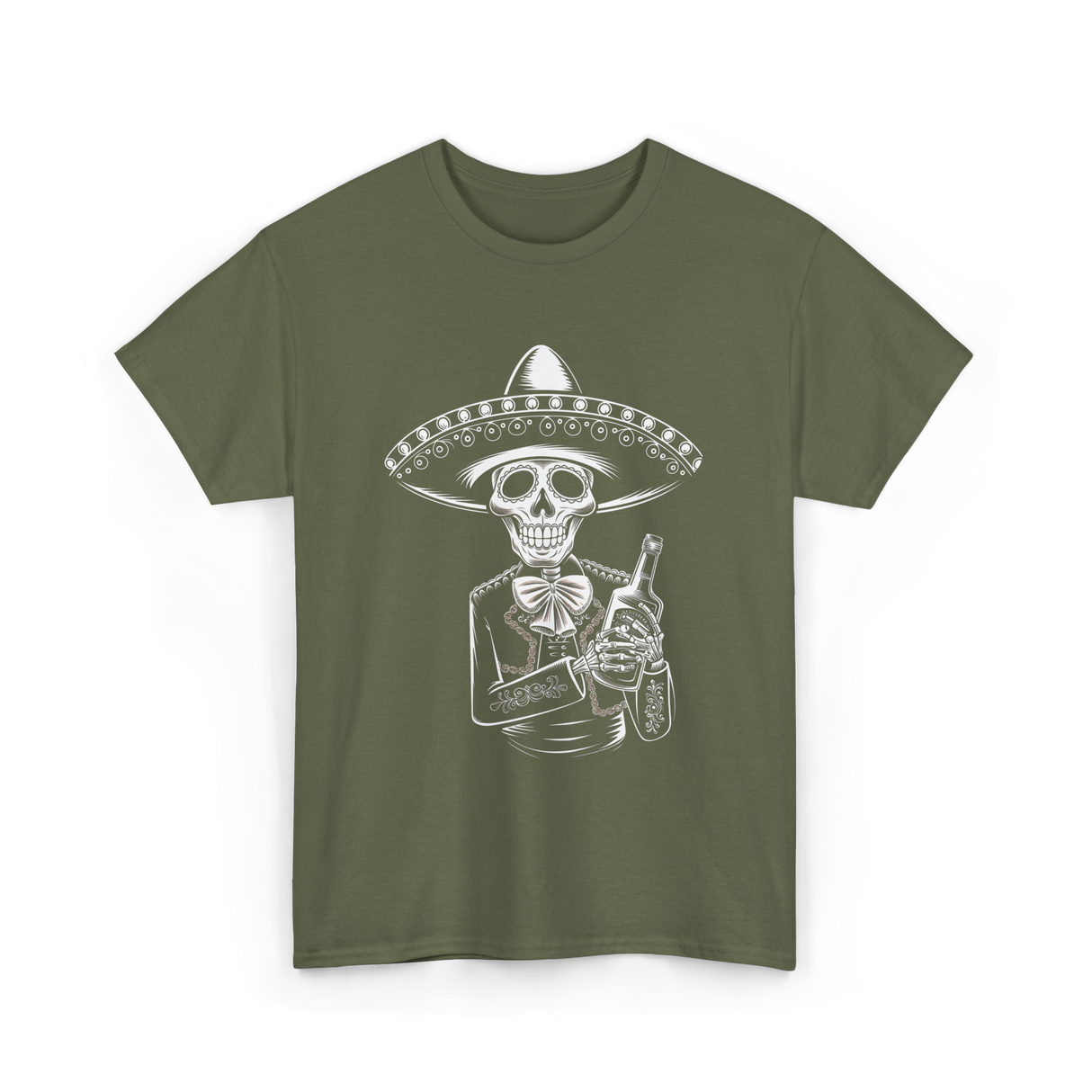 Skeleton Tequila Mexico Dia De Los Muertos T-Shirt - Military Green