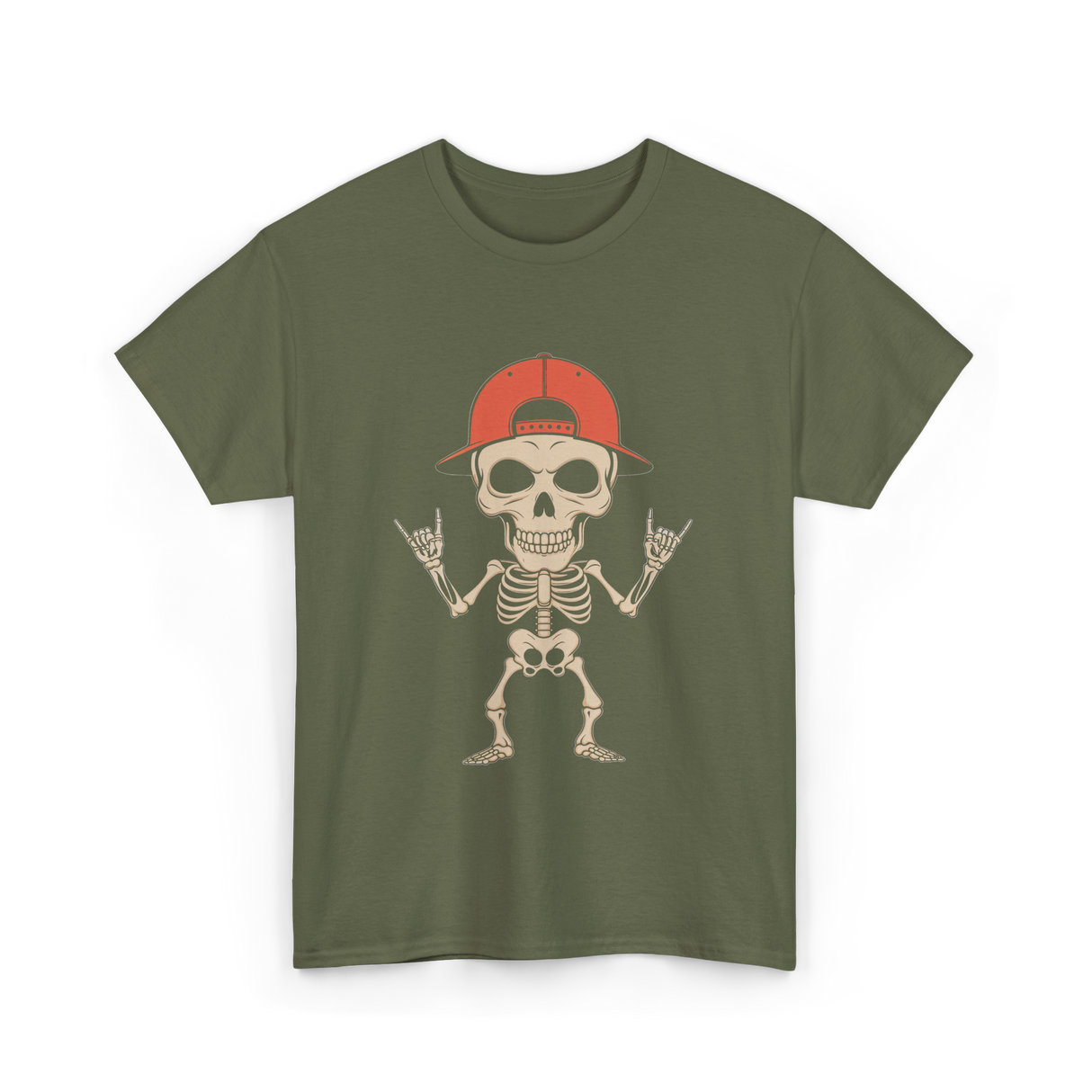 Skeleton Cap Rock Halloween T-Shirt - Military Green