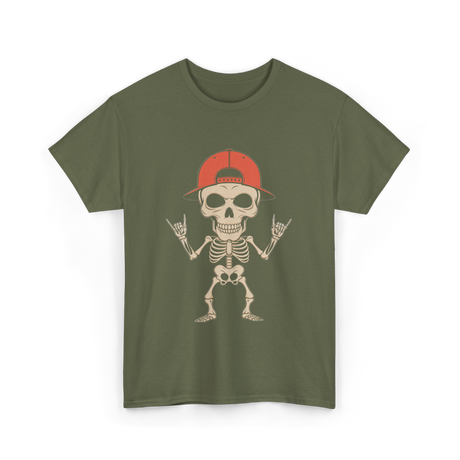 Skeleton Cap Rock Halloween T-Shirt - Military Green