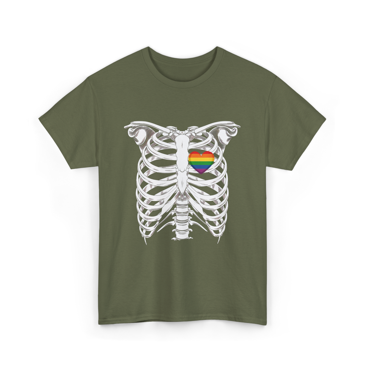 Skeleton Xray Heart LGBTQ T-Shirt - Military Green