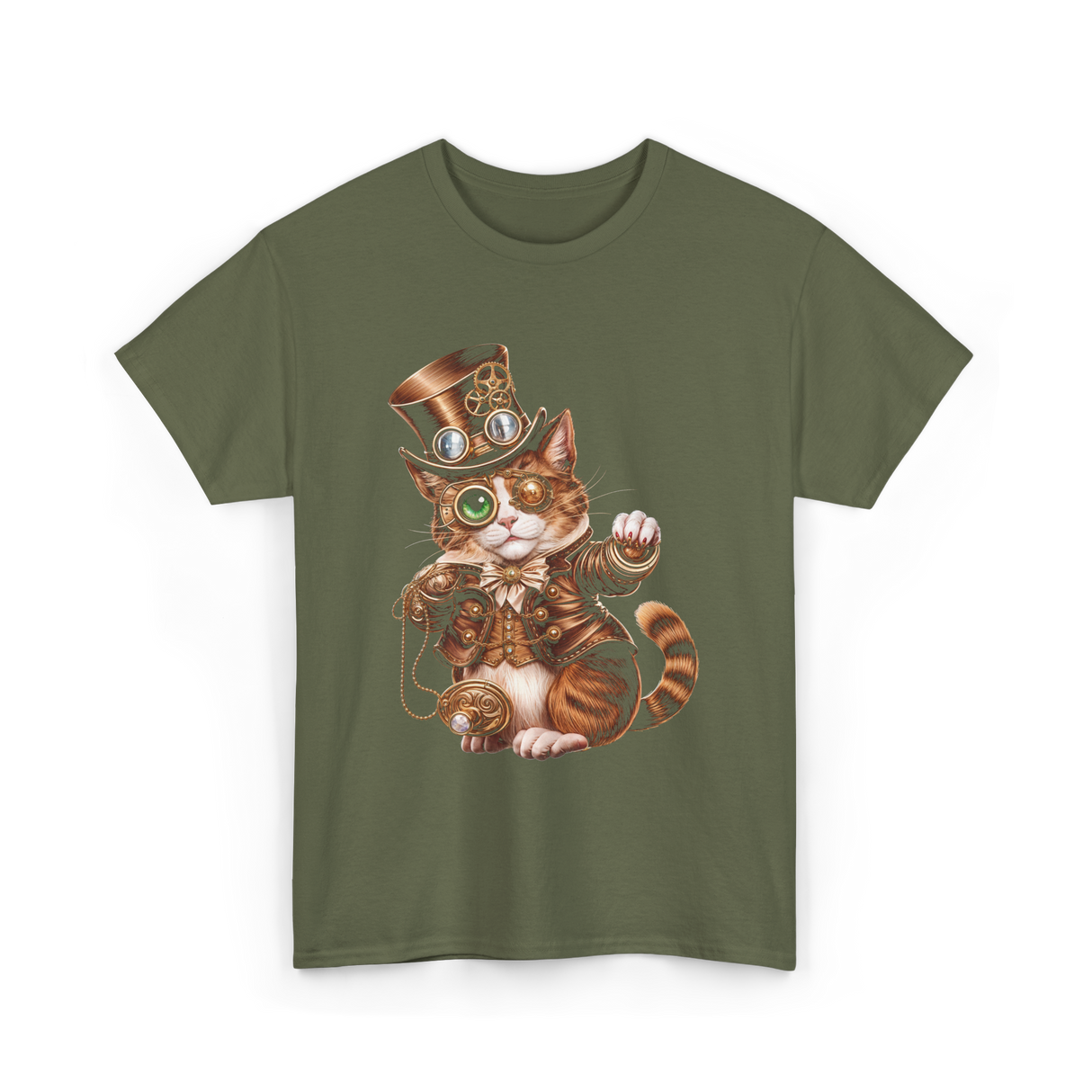 Steampunk Cat Kitten Kitty Steampunk T-Shirt - Military Green