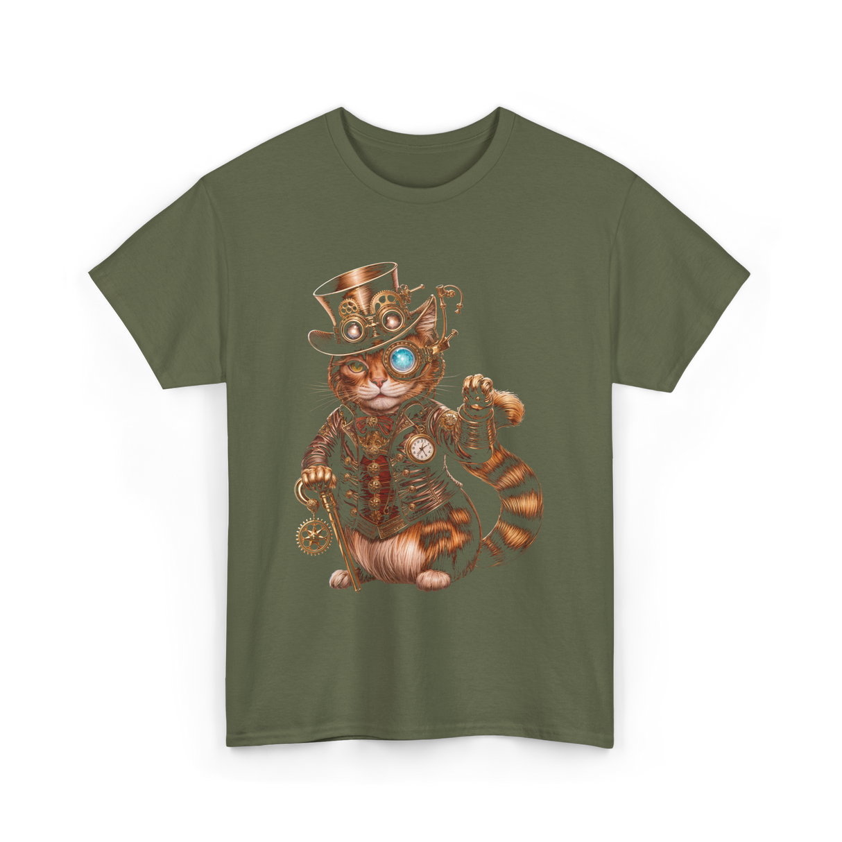 Steampunk Cat Kitten Kitty T-Shirt - Military Green