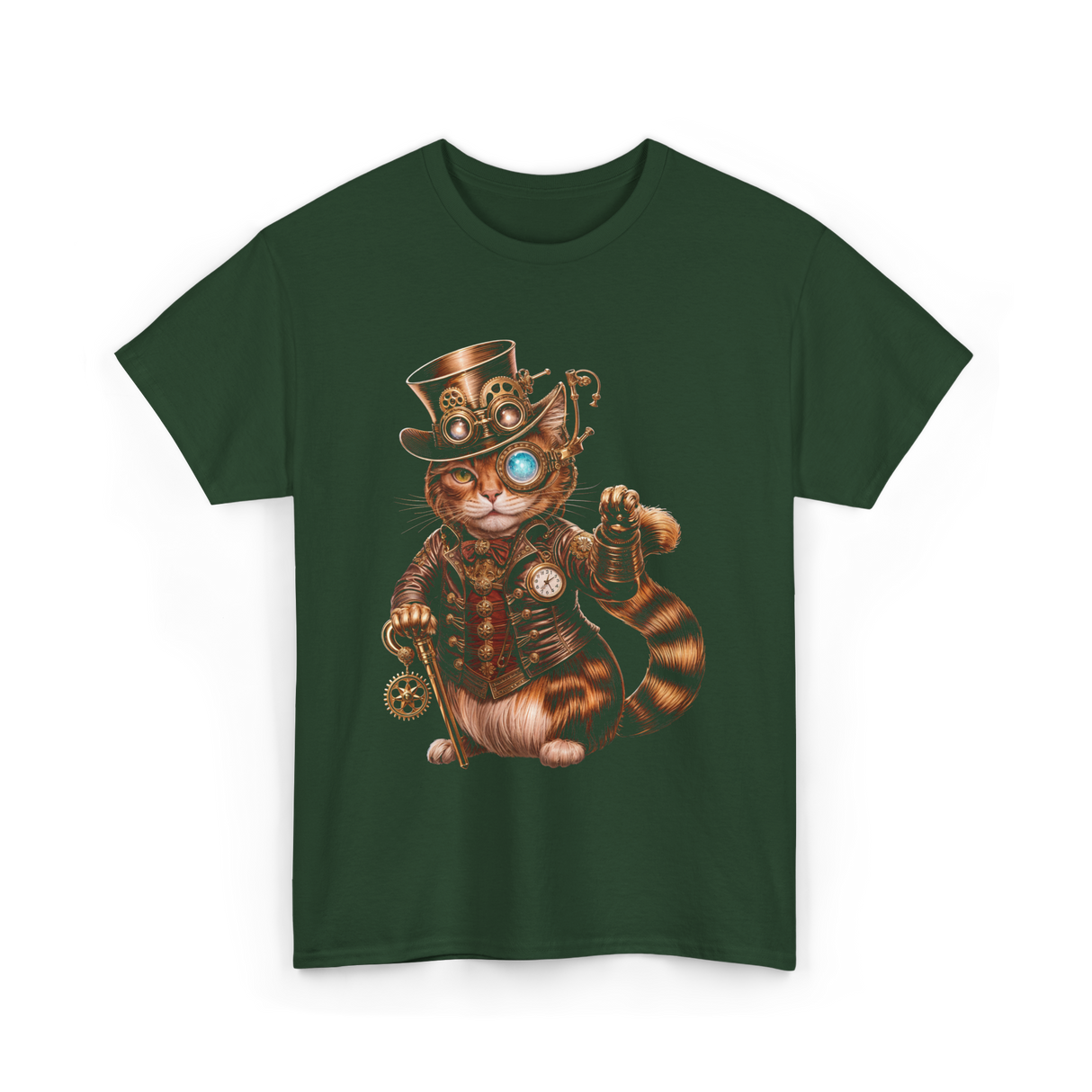 Steampunk Cat Kitten Kitty T-Shirt - Forest Green