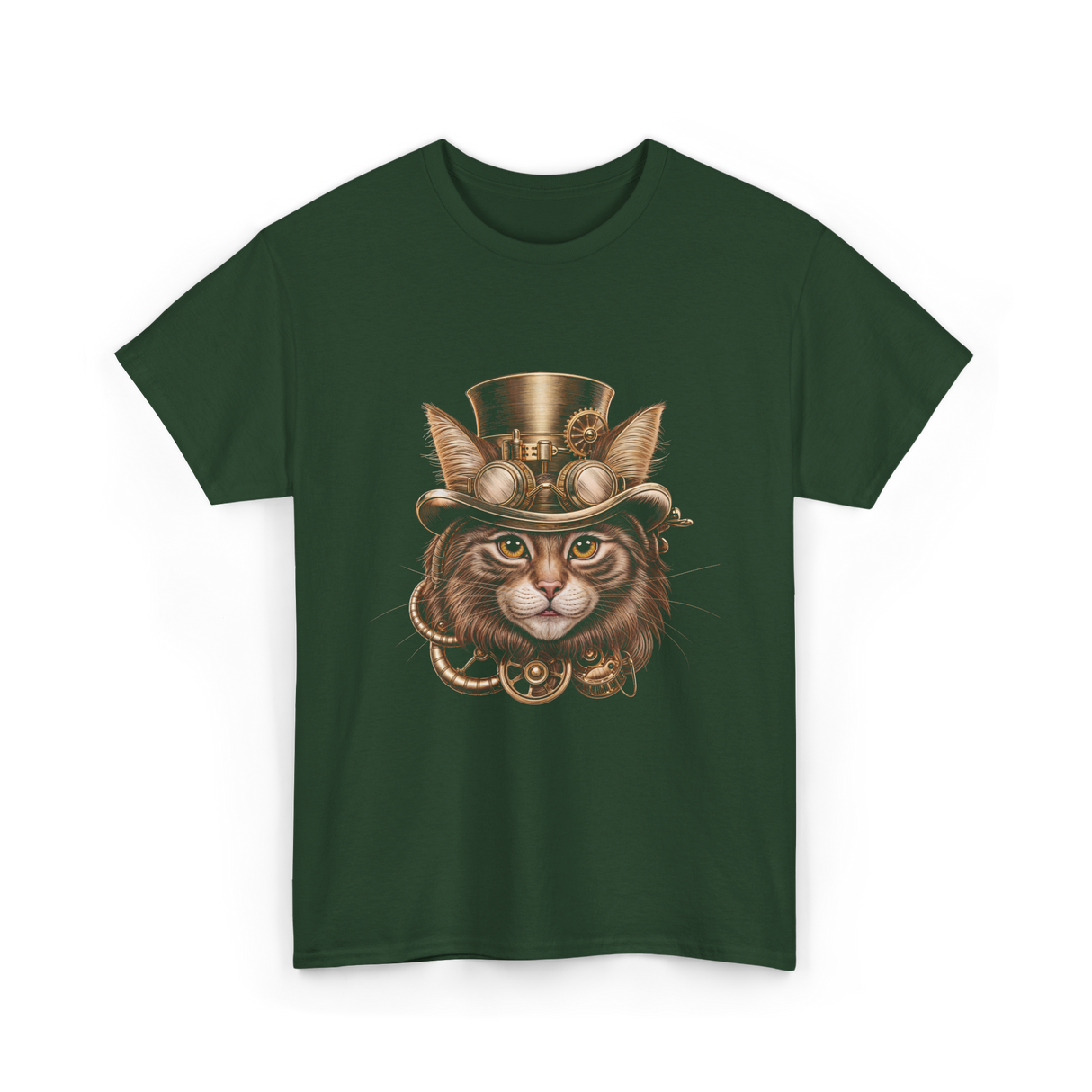 Steampunk Cat Steampunk Art T-Shirt - Forest Green