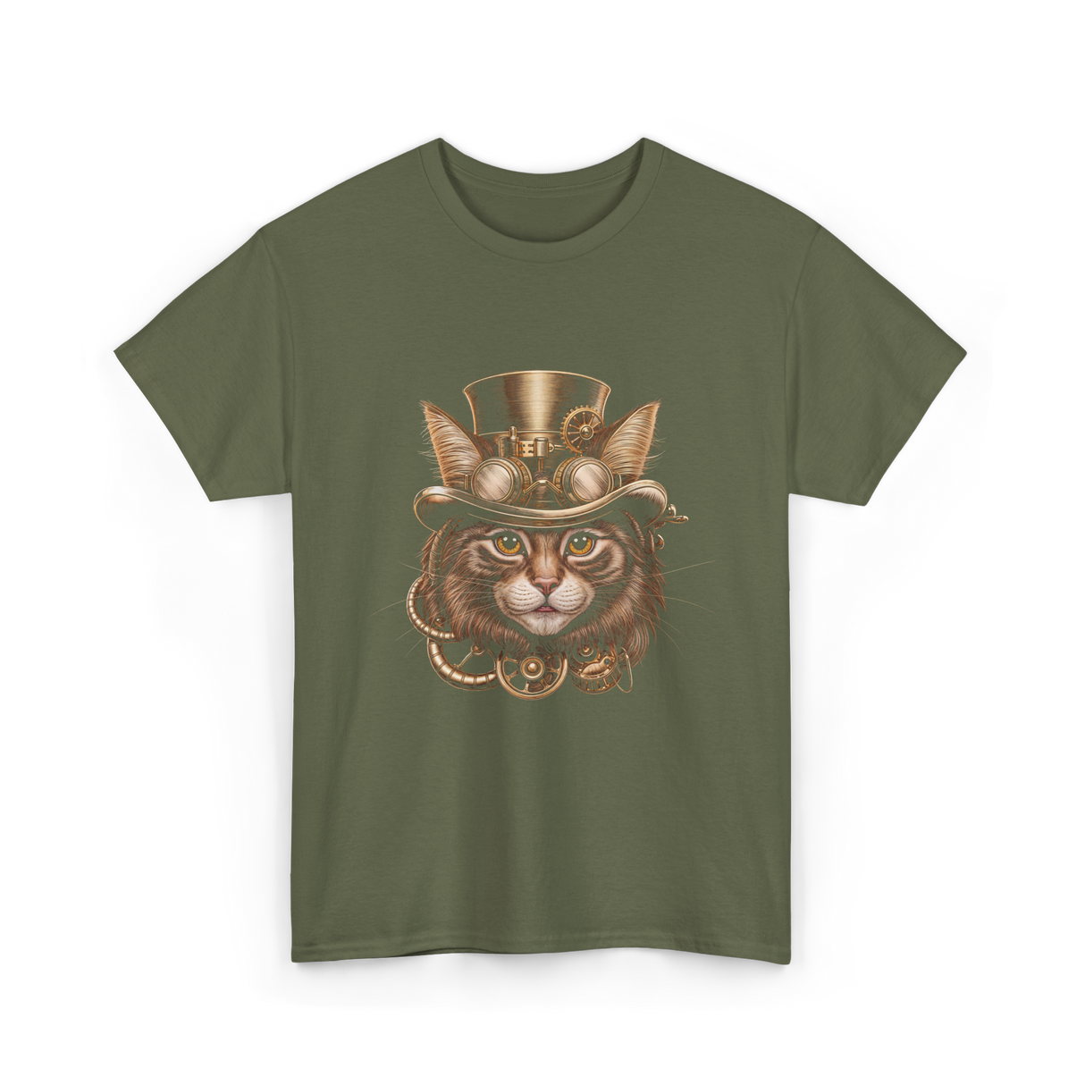 Steampunk Cat Steampunk Art T-Shirt - Military Green