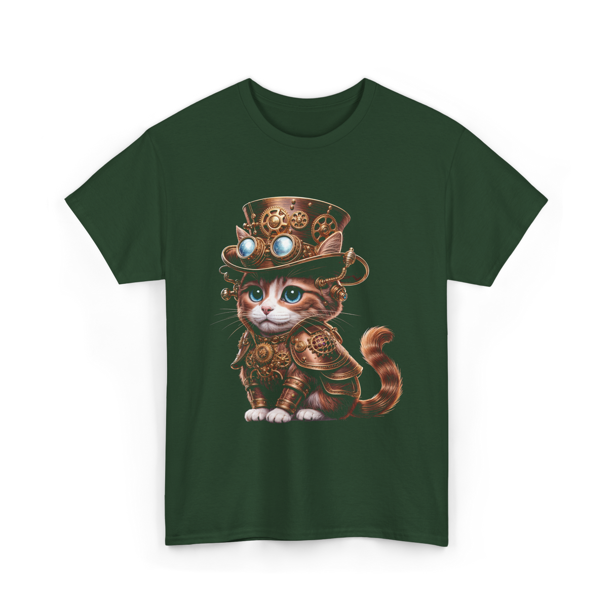 Steampunk Cat Steampunk Kitten Fantasy T-Shirt - Forest Green