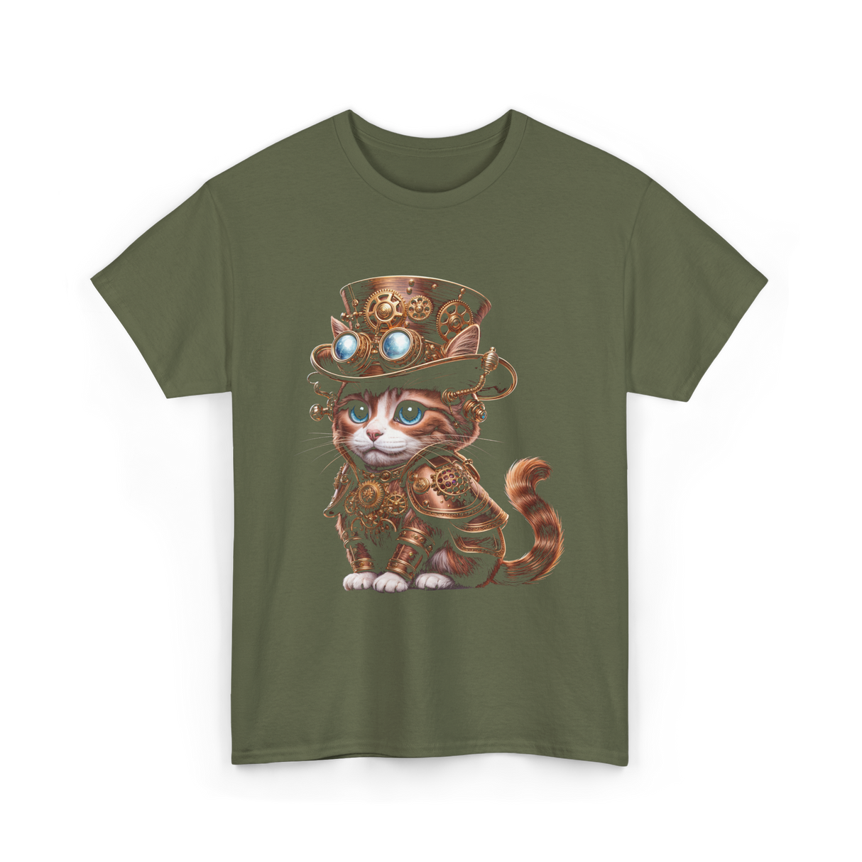 Steampunk Cat Steampunk Kitten Fantasy T-Shirt - Military Green