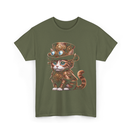 Steampunk Cat Steampunk Kitten Fantasy T-Shirt - Military Green