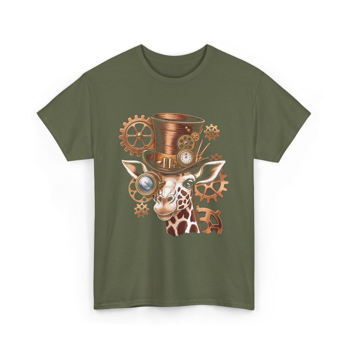 Steampunk Giraffe Mechanical Animal T-Shirt - Military Green