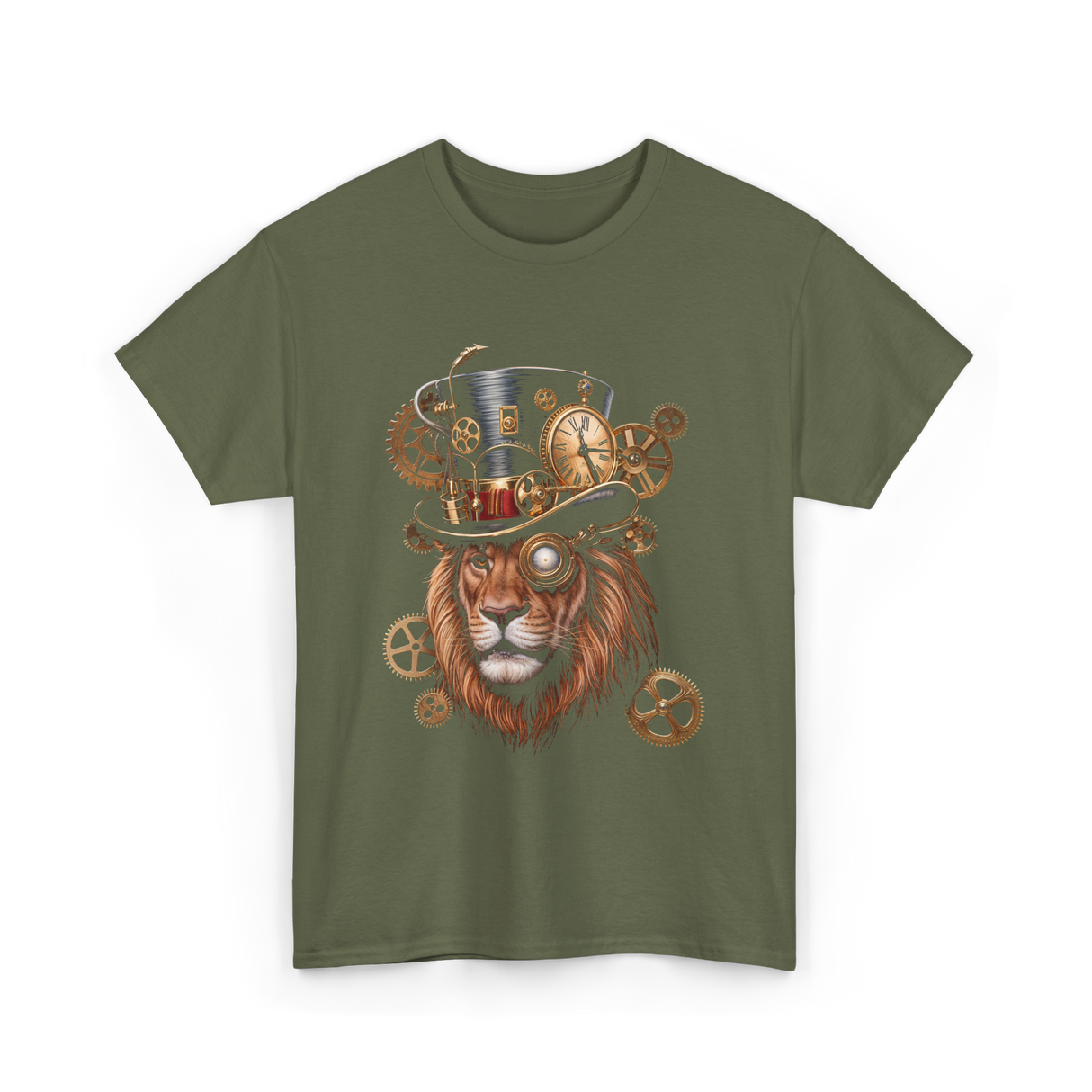 Steampunk Lion Lion Head Steampunk T-Shirt - Military Green