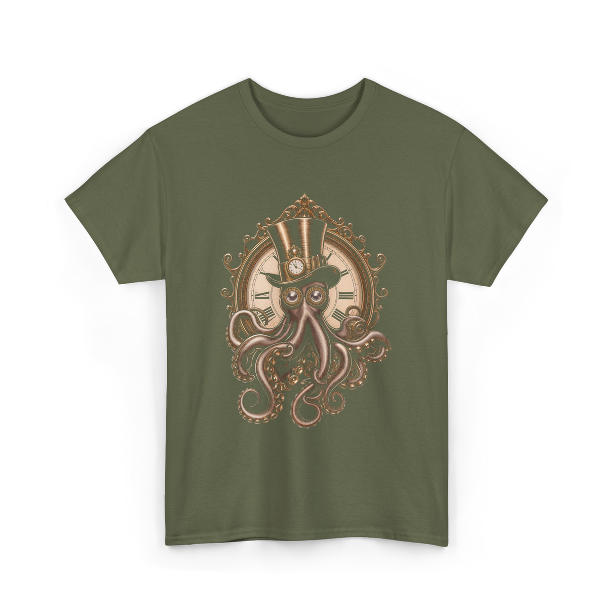 Steampunk Octopus Art Octopus T-Shirt - Military Green