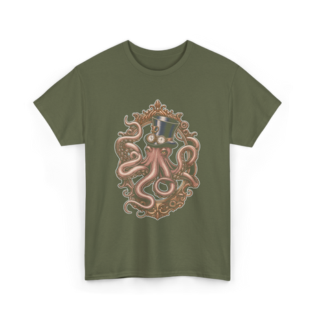 Steampunk Octopus Vintage Art T-Shirt - Military Green