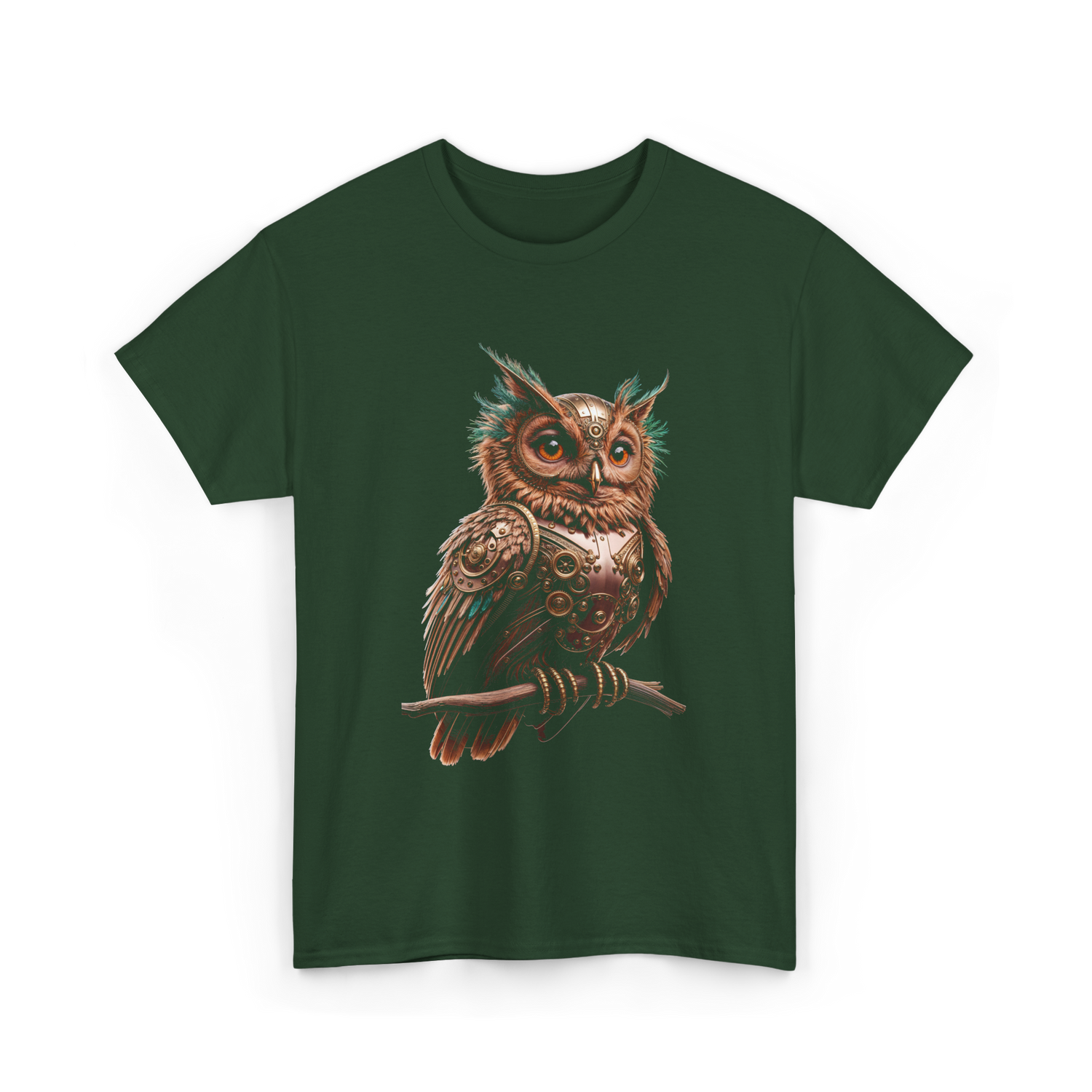 Steampunk Owl Vintage Owl Art T-Shirt - Forest Green