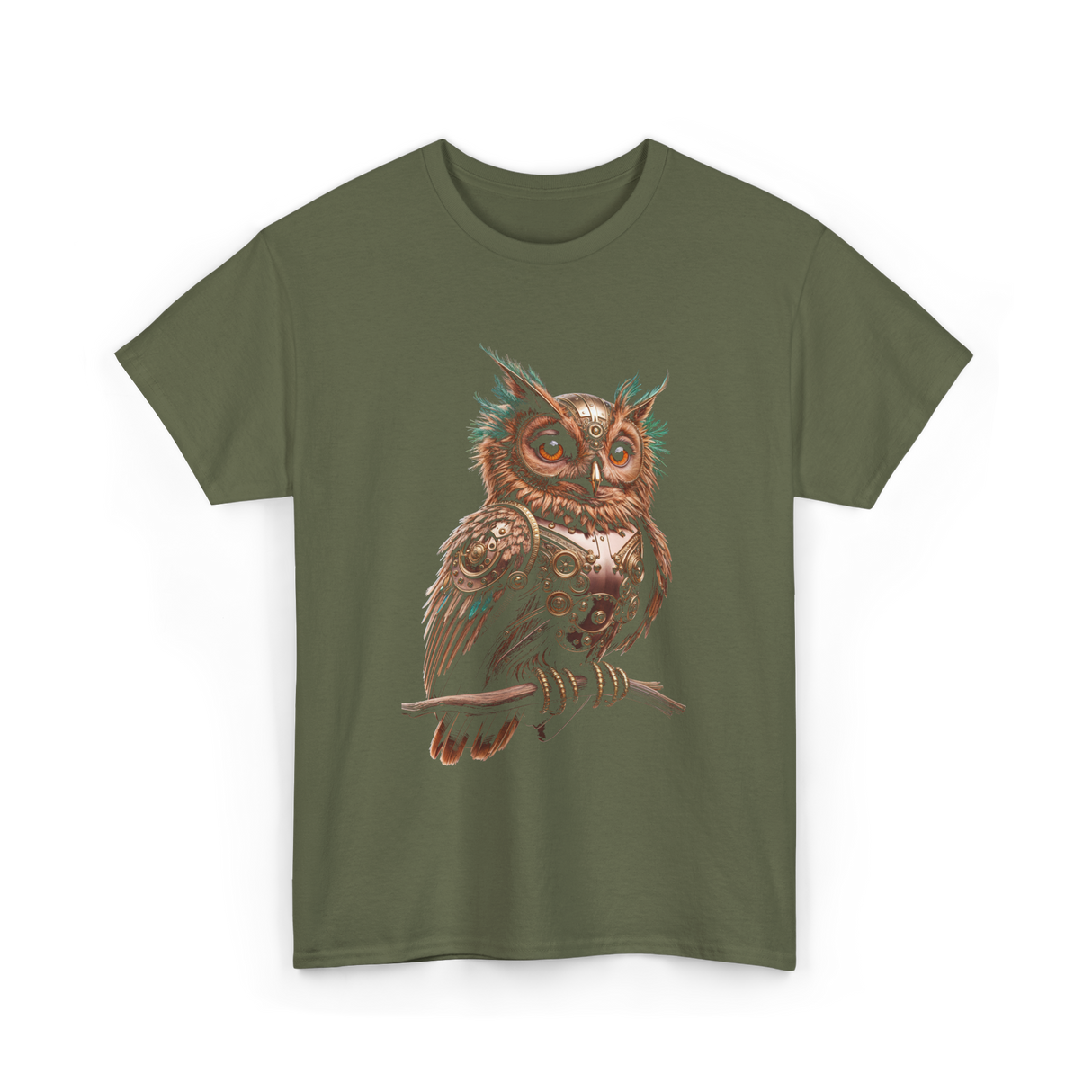 Steampunk Owl Vintage Owl Art T-Shirt - Military Green