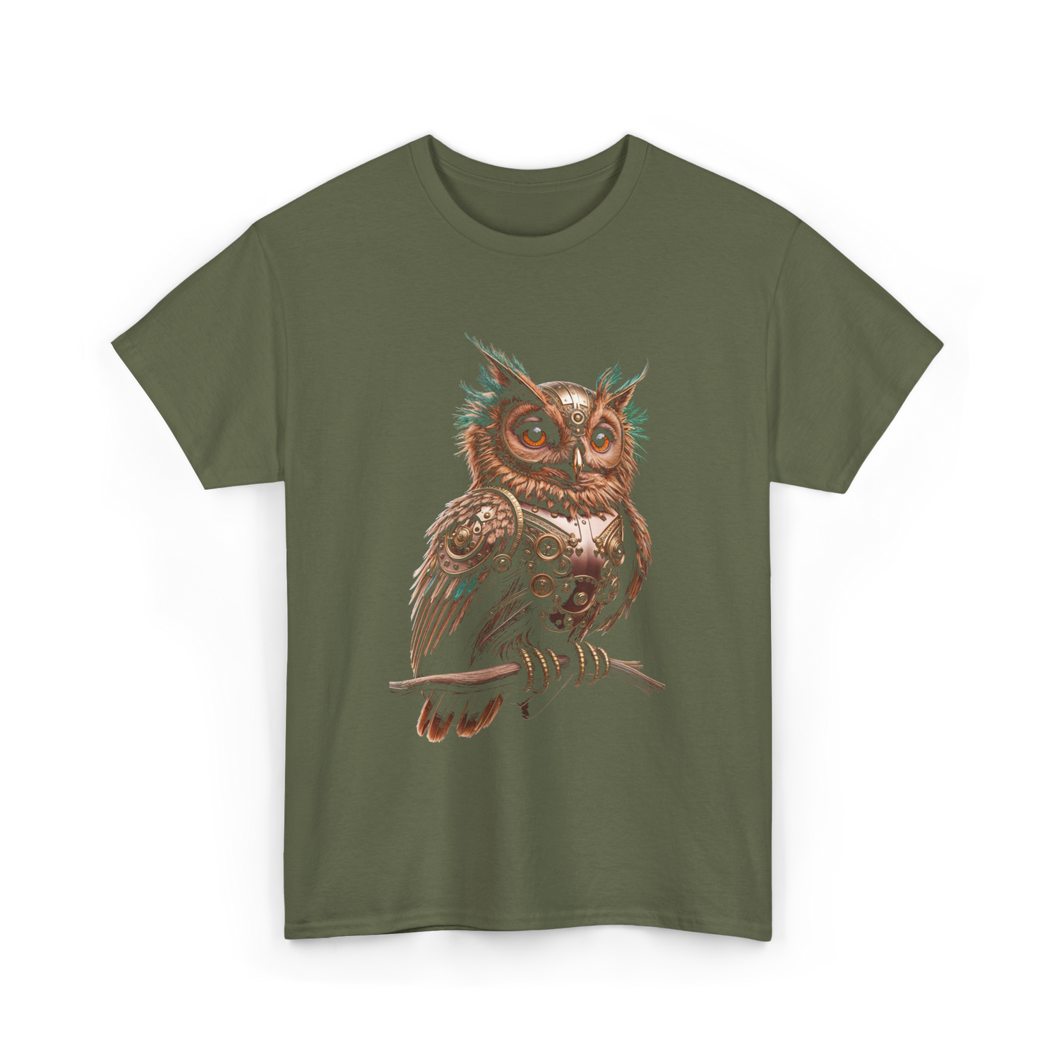 Steampunk Owl Vintage Owl Art T-Shirt - Military Green