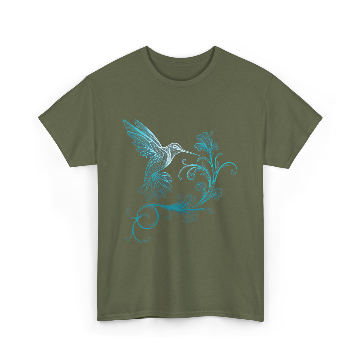 Stylized Hummingbird Bird Art T-Shirt - Military Green