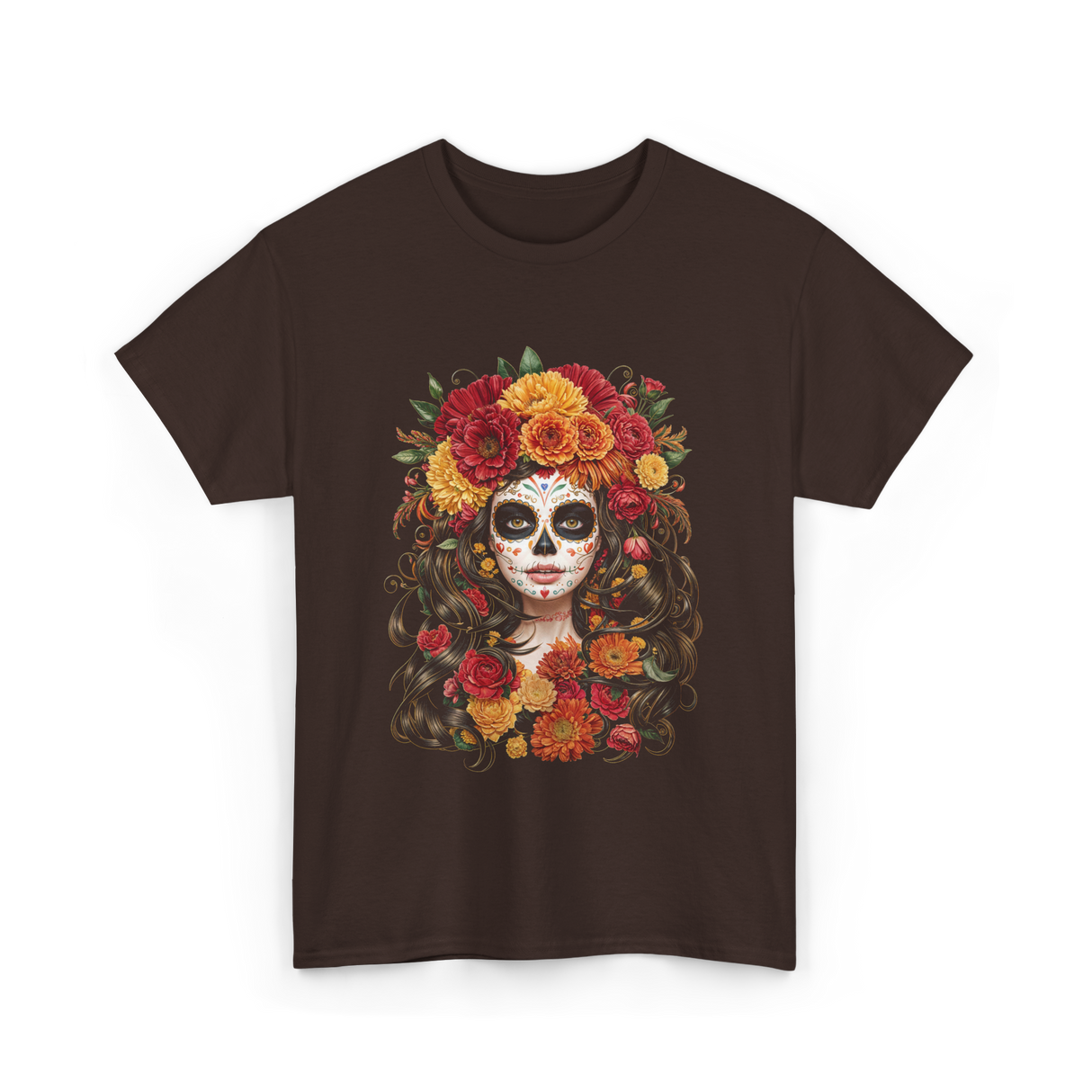 Sugar Skull Floral Art Sugar Skull T-Shirt - Dark Chocolate