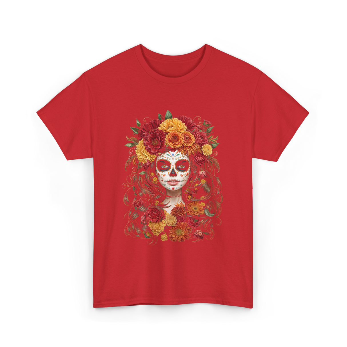 Sugar Skull Floral Art Sugar Skull T-Shirt - Red