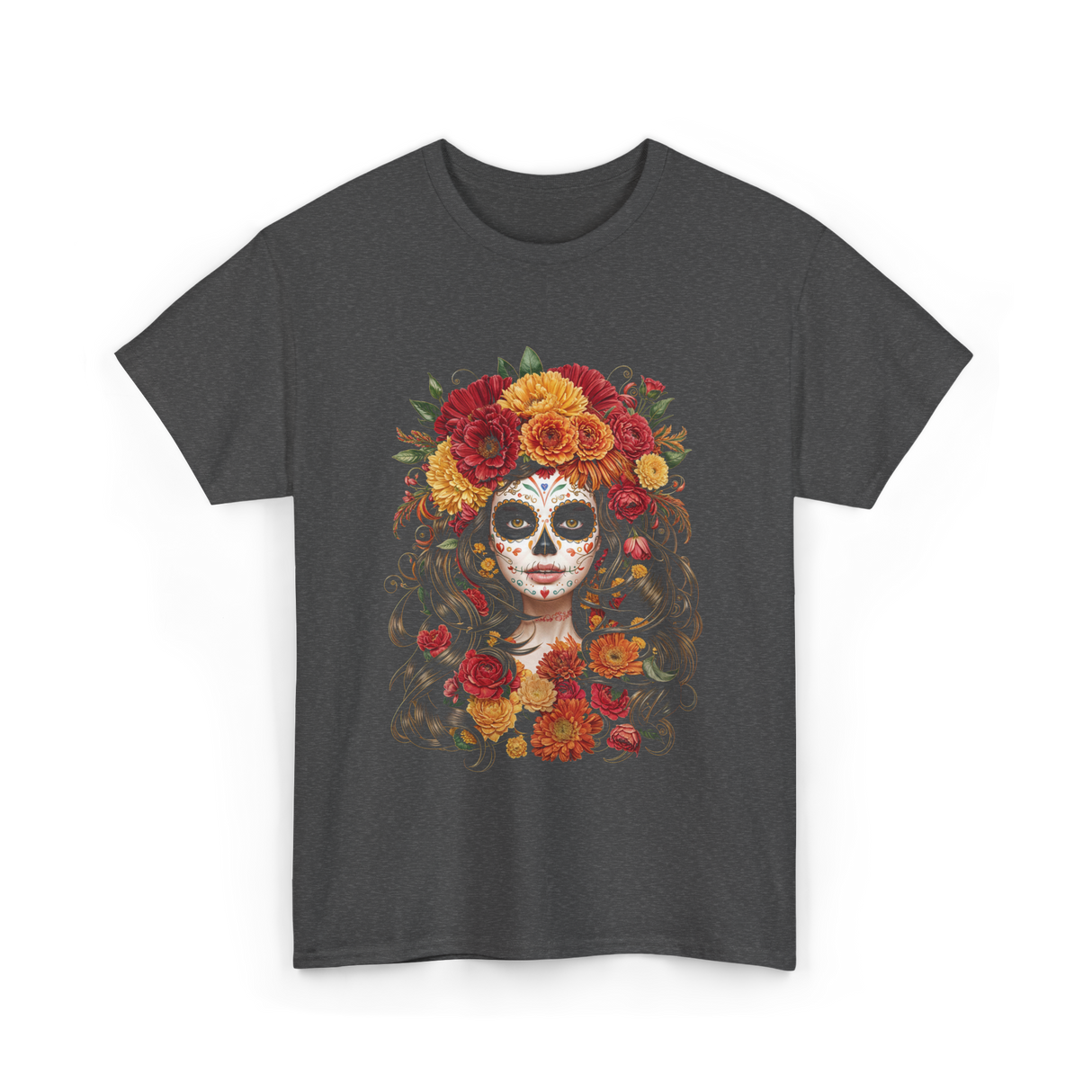 Sugar Skull Floral Art Sugar Skull T-Shirt - Dark Heather