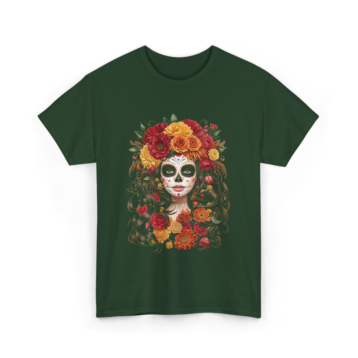 Sugar Skull Floral Art Sugar Skull T-Shirt - Forest Green