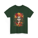 Sugar Skull Floral Art Sugar Skull T-Shirt - Forest Green