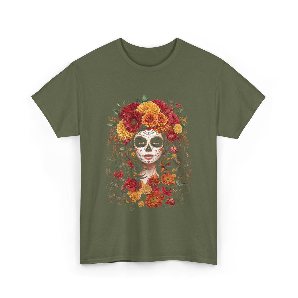 Sugar Skull Floral Art Sugar Skull T-Shirt - Military Green