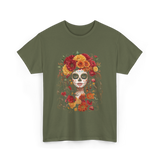 Sugar Skull Floral Art Sugar Skull T-Shirt - Military Green