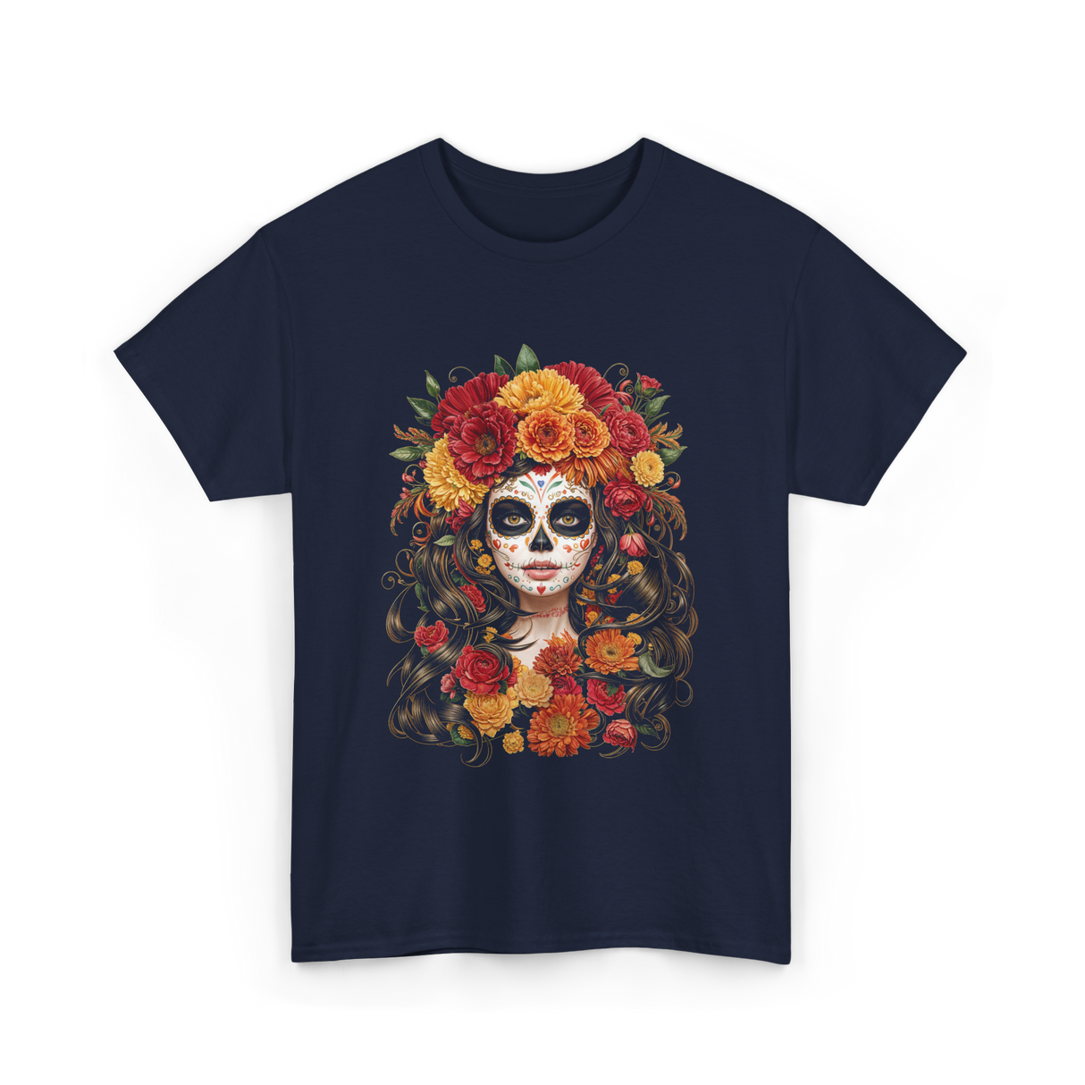 Sugar Skull Floral Art Sugar Skull T-Shirt - Navy