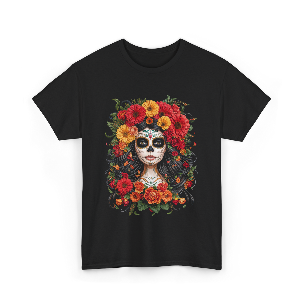 Sugar Skull Floral Art T-Shirt - Black