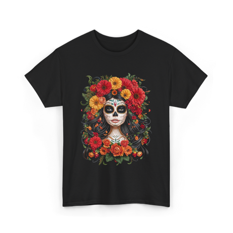 Sugar Skull Floral Art T-Shirt - Black