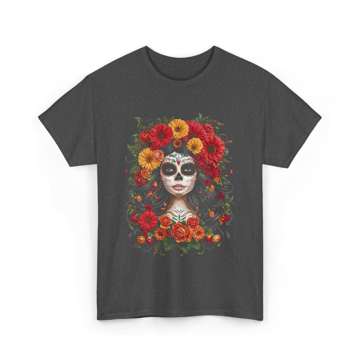 Sugar Skull Floral Art T-Shirt - Dark Heather