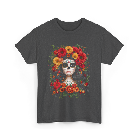 Sugar Skull Floral Art T-Shirt - Dark Heather