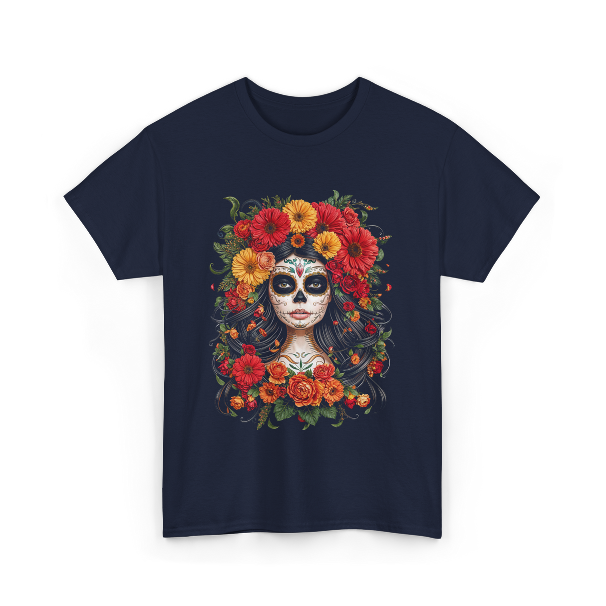 Sugar Skull Floral Art T-Shirt - Navy