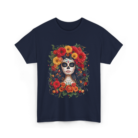 Sugar Skull Floral Art T-Shirt - Navy