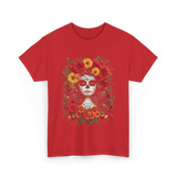 Sugar Skull Floral Art T-Shirt - Red