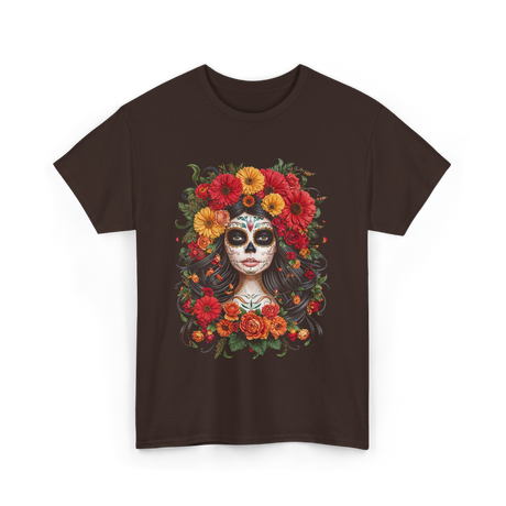 Sugar Skull Floral Art T-Shirt - Dark Chocolate