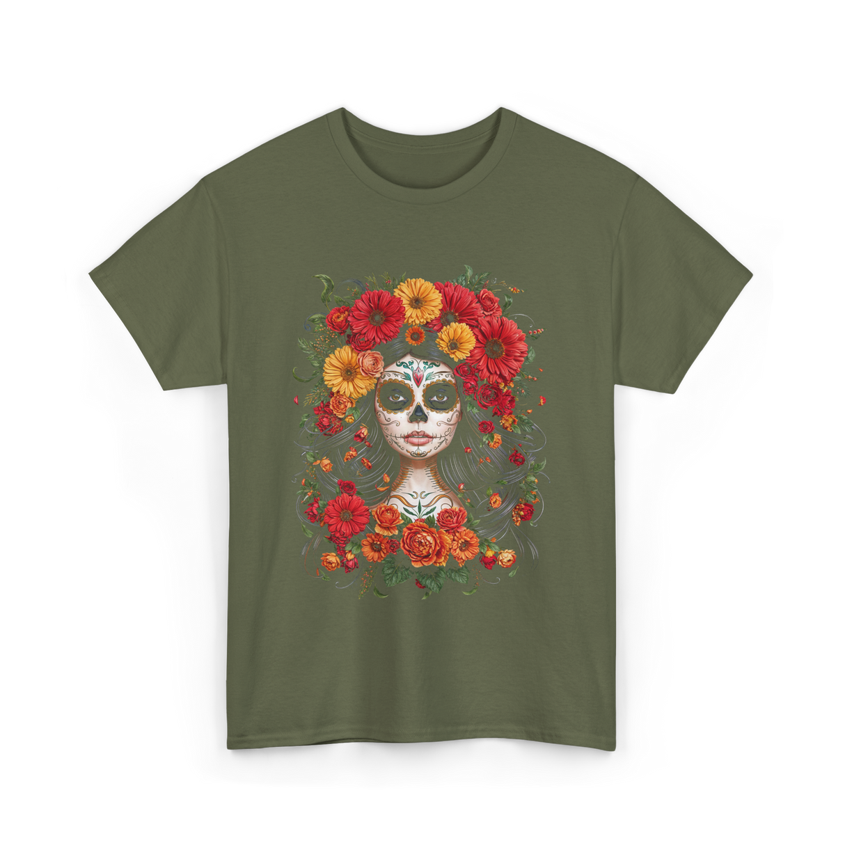 Sugar Skull Floral Art T-Shirt - Military Green