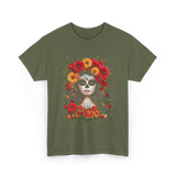 Sugar Skull Floral Art T-Shirt - Military Green