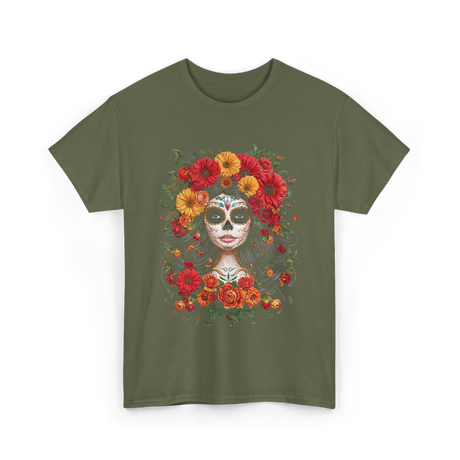 Sugar Skull Floral Art T-Shirt - Military Green